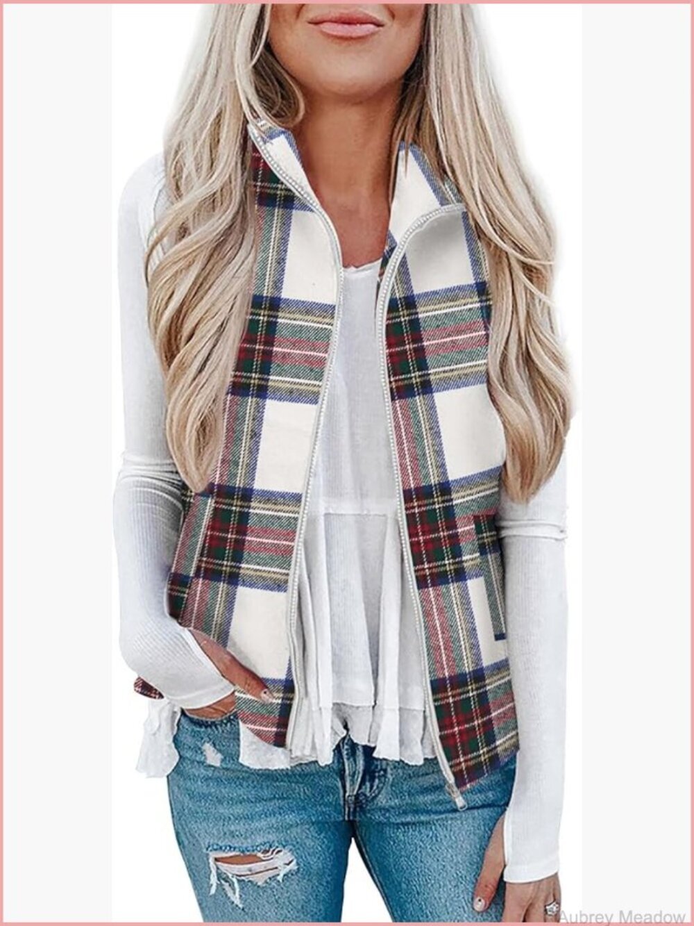 Plaid Zip Up Sleeveless Jacket Vest with Pockets